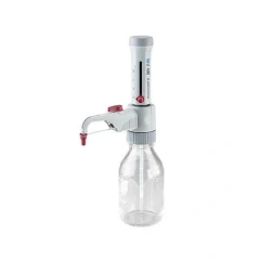 BrandTech Dispensette S Analog Dispenser, grey dispenser with red-tipped spout on a clear glass bottle