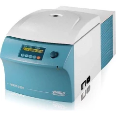 Hettich MIKRO 220R Refrigerated Centrifuge, white and teal benchtop unit with lid, display and knob
