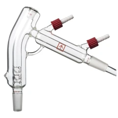 Ai 2L Short Path Head with Straight Drain, clear glass head with jacketed arm, red caps and hose barbs