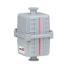 Welch 1417F KF25 Oil Mist Filter, Drainback, grey housing with red sight strip and flanged ends, front view