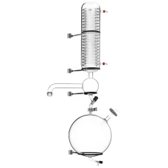 Ai Reactor Condenser Set, 20L Receiving Flask, glass coil condenser with clamps above a large round receiving flask