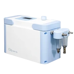 Anest Iwata Cliq 10MV-70z Diaphragm Vacuum Pump, white and light blue housing with two clear side filter bowls