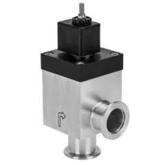 Edwards VIV25 KF25 Isolation Valve for nXDS, stainless angle valve body with black top housing, white background