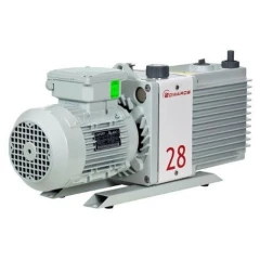 Edwards PFPE E2M28 FX 22 CFM Dual-Stage Pump, grey finned pump body with motor on a base frame, white background
