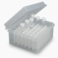 Ai Plastic Cryogenic Box, translucent box with hinged lid, grid divider and vials, representative image