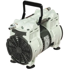 Welch 2567B WOB-L 3.5 CFM 60 Torr Dry Pump, light grey twin-head pump with black handle, fan guard and hose barb