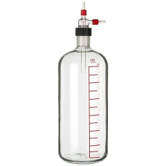 Ai 10L Heavy Wall Glass Vacuum Filtering Carboy, clear glass bottle with red scale, cap and valved side arms