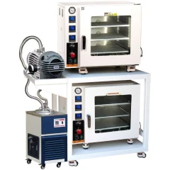 Ai 2-Oven 3.2 Cu Ft Vacuum Oven Package, two stacked ovens on a white cart with pump, bellows and blue cold trap