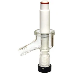 Ai 1in Glass Drain Port with PTFE Valve, clear glass body with angled side outlet and white PTFE valve stem