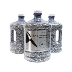 Lab Armor Thermal Beads, 0.75L to 8L, three clear jugs filled with silver metal beads