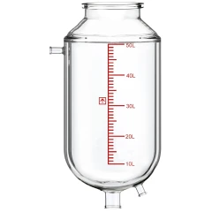 Ai R50 Single-Jacketed 50L Reactor Vessel, clear glass vessel with red volume scale, side port and bottom outlets