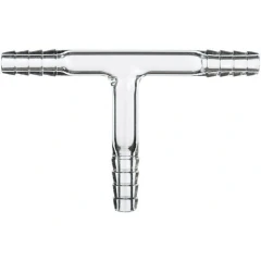 Ai Glass 3/8in Hose Barb Tee Adapter, clear glass T-shaped tube with ribbed barbs on all three ends