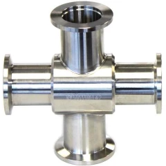 KF25/NW25 Stainless 4-Way Cross Flange, polished stainless cross fitting with a flange on each end