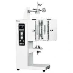 1200°C 1-Zone 50mm Vertical Tube Furnace, white stand with split chamber open, controller panel and top fittings