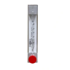 Compact Gas Flow Meter for Ai Lab Furnaces, clear graduated tube in a metal frame with red knob at the base