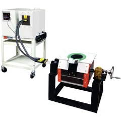 25KW Induction Melting Furnace, 1-20KHz, power cabinet on a cart cabled to a tilting furnace with side handwheel