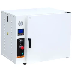 Ai 1.9 Cu Ft 500°C Vacuum Oven, 316L Chamber, white benchtop oven with gauge, display, knobs and door handle