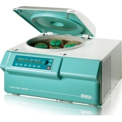 Hettich Rotina 420R Refrigerated Centrifuge, teal and white unit with lid open showing buckets in the rotor