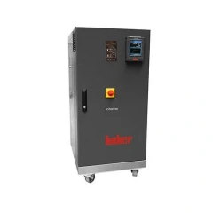 Huber Unistat T320 with Pilot ONE, dark grey cabinet on casters with door handle, yellow switch and display