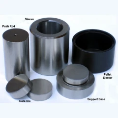Ai 30mm Dry Pressing Die Set, steel sleeve, push rod, core dies, support base and black ejector, labelled parts