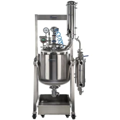 Ai 50L Dual-Jacketed 316L SST Reactor, stainless vessel on a frame with condenser, gauges and drip tray