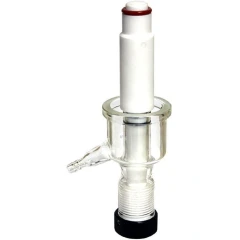 Ai 3/8in Glass Drain Port with PTFE Valve, clear glass body with small side barb and white PTFE valve stem