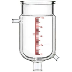 Ai R10 Single-Jacketed 10L Reactor Vessel, clear glass vessel with red scale, side port and bottom outlets