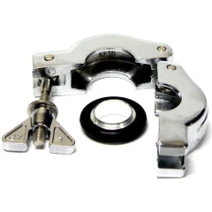 KF16 Wing Nut Clamp and Centering Ring, chrome hinged clamp opened beside a black and metal centering ring