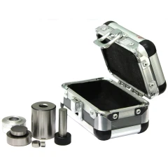 Ai 10mm Dry Pressing Die Set, steel die parts beside an open aluminium carry case with foam lining