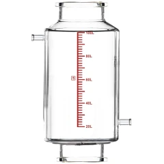 Ai R100f Single-Jacketed 100L Filter Vessel, clear glass cylinder with red scale, side ports and flanged ends
