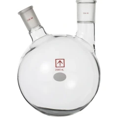 Ai 2L Heavy Wall 2-Neck Round Bottom Flask, clear glass flask with one angled and one straight neck