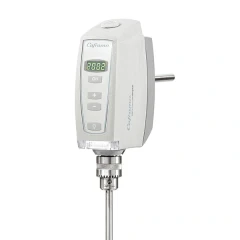 Caframo BDC2002 Compact Overhead Stirrer, white stirrer head with digital display, buttons, chuck and shaft