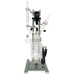 Ai 5L Single Jacketed Glass Reactor, clear glass vessel with overhead stirrer, condenser and funnel on a steel frame