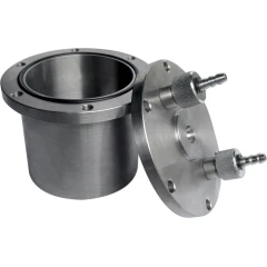 Stainless Steel Vacuum Grinding Jar, bolted jar with lid off showing two valved hose barbs on the lid