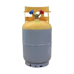 30lb Solvent Recovery Tank, DOT TC, grey cylinder with yellow collar, red and blue valves and mesh sleeve