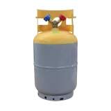 30lb Solvent Recovery Tank, DOT TC, grey cylinder with yellow collar, red and blue valves and mesh sleeve