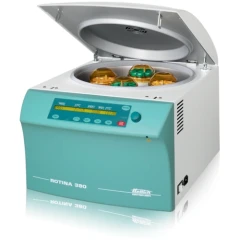 Hettich Rotina 380 Benchtop Centrifuge, teal and white unit with lid open showing buckets in the rotor