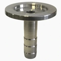 KF25 to 3/8in Hose Barb Adapter, stainless flange with ribbed barb stem, white background