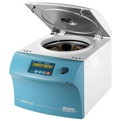 Hettich MIKRO 220 Centrifuge 18000 RPM, blue and white unit with lid open, display and knob