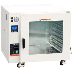 Ai ECO 5 Cu Ft 150°C Vacuum Oven, 14 Shelf Max, white oven with window door showing shelves, gauge and display