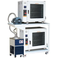 Ai 2-Oven 5.0 Cu Ft Vacuum Oven Package, two stacked ovens on a cart with pump, bellows and blue cold trap