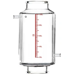 Ai R100f Double-Jacketed 100L Filter Vessel, clear glass double-wall cylinder with red scale and flanged ends
