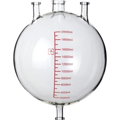 Ai 20L Receiving Flask for 50L SolventVap, clear round glass flask with three top necks, bottom outlet and red graduations