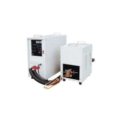Ai IH35AB 35kW Split Induction Heater, white control cabinet and separate heating unit joined by cables, copper coil