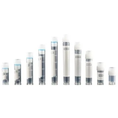 NEST Cryogenic Vials, Bulk in Bag, row of clear vials with white screw caps in several sizes, white background