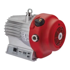Pfeiffer HiScroll 18 Dry Scroll Vacuum Pump, grey finned housing with red fan cover and lifting eye, three-quarter view