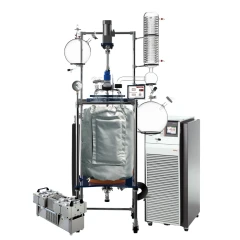 Ai 100L Glass Reactor Package w/ Chiller & Pump, insulated vessel on steel frame with condenser, chiller and vacuum pump