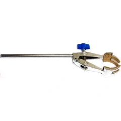 4 Prong Stainless Steel Clamp, 3 1/2" Opening, chrome clamp with cork-lined jaws, long rod and blue thumb screw
