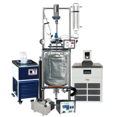 Ai 20L Glass Reactor Crystallization Package, insulated vessel on steel frame, condenser, two chillers, pump, controller
