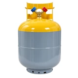 50lb Solvent Recovery Tank, DOT TC, wide grey cylinder with yellow collar and red and blue valve handles